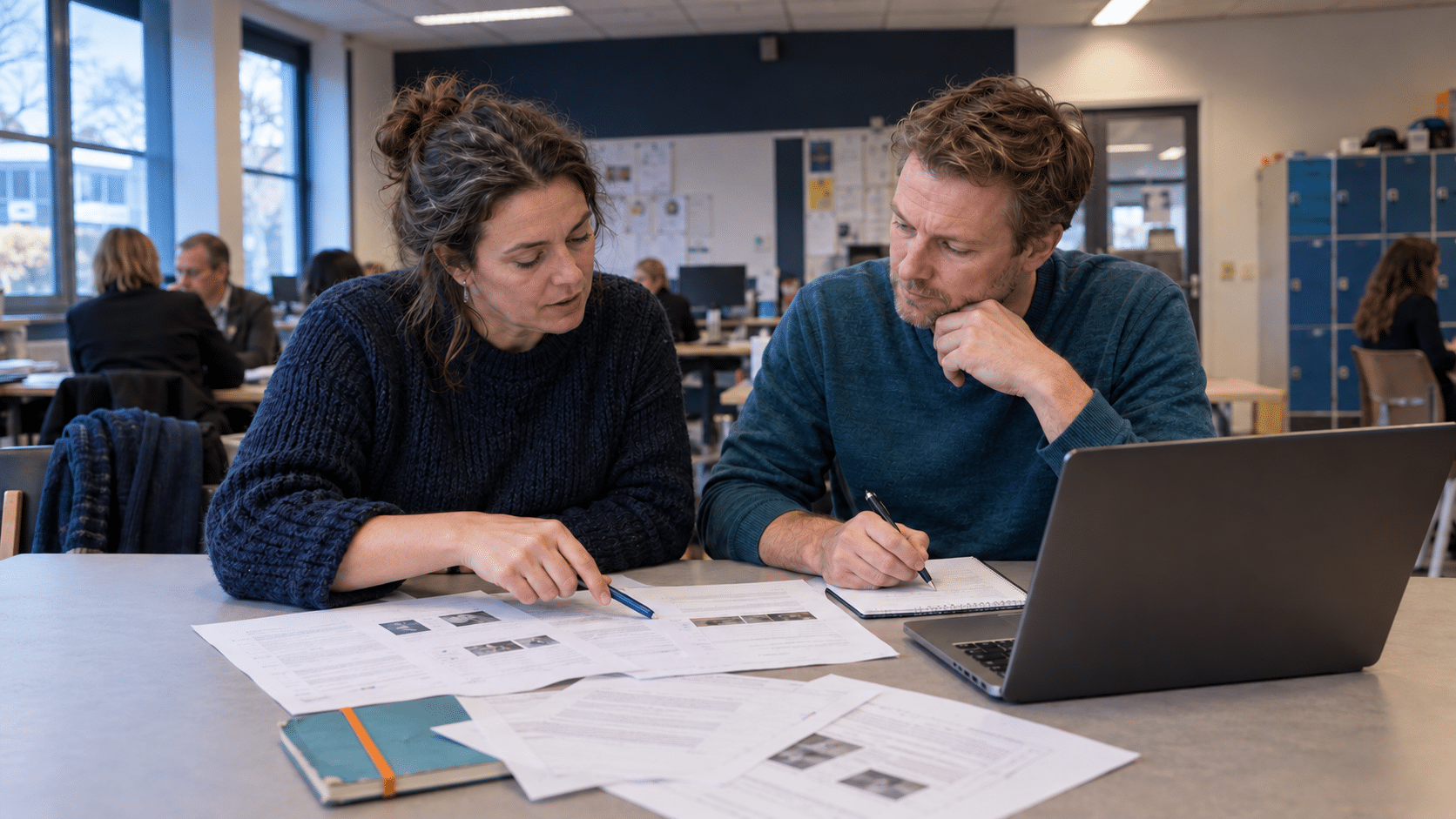 Docenten vergelijken digitaal en gedrukt lesmateriaal tijdens een onderwijsvergadering.