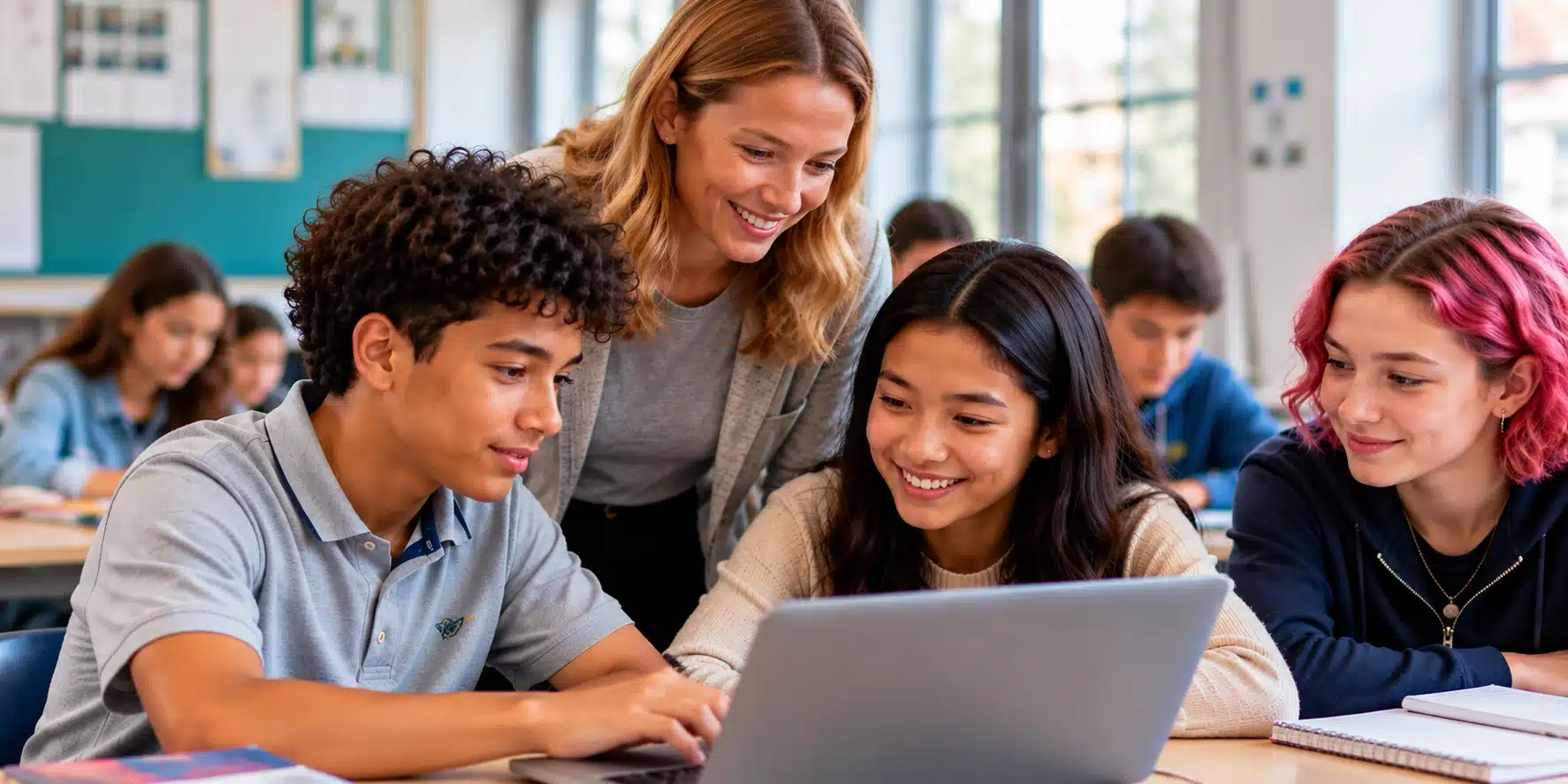 Docent begeleidt drie leerlingen die samen met een laptop werken.